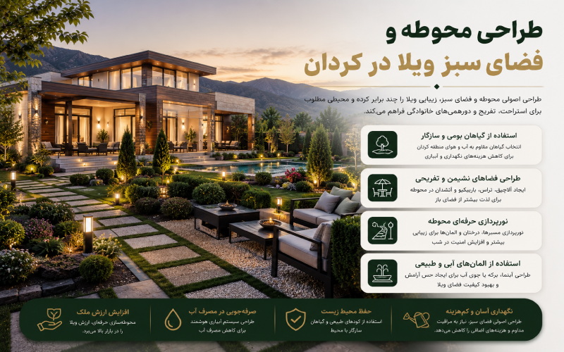 طراحی محوطه و فضای سبز ویلا در کردان